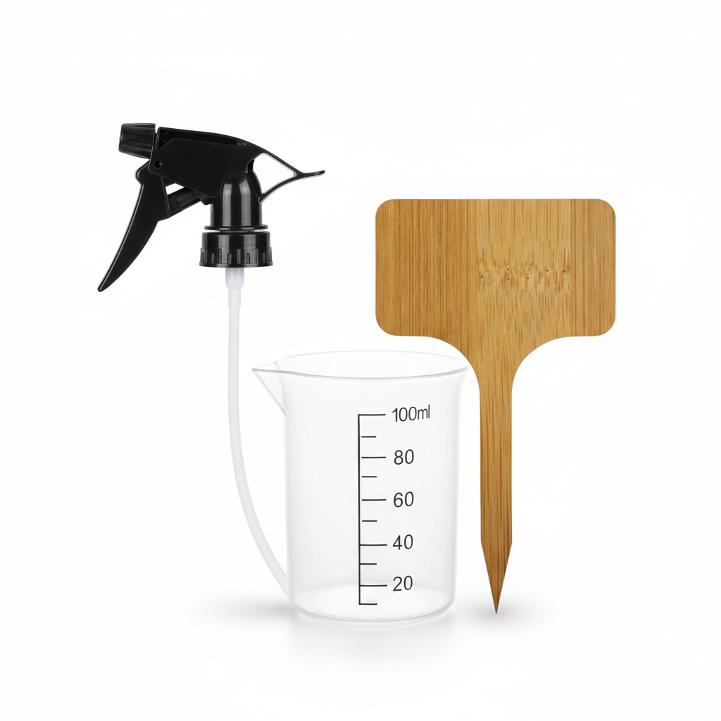 Rociador, vaso medidor y etiquetas